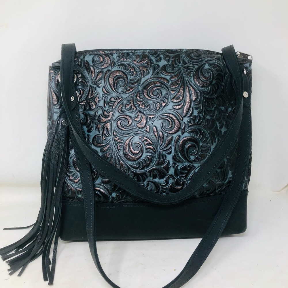 Elegant Black and Blue Floral Embossed Leather Women's Hand Bag